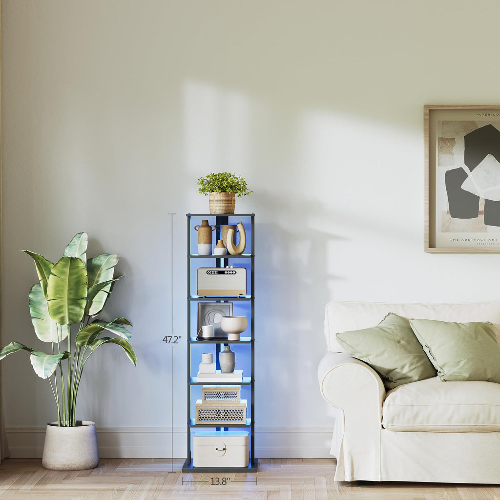 Black 7-Tier Narrow Bookshelf with LED Lights B707973