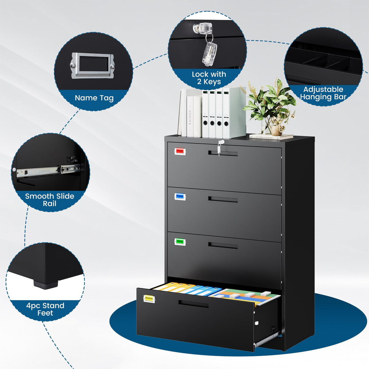 4 Drawer File Cabinet with Lock, Black X43265