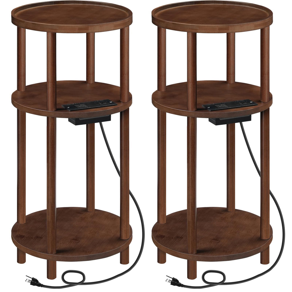 Set of 2 Round Bamboo Side Tables with Charging Station O320