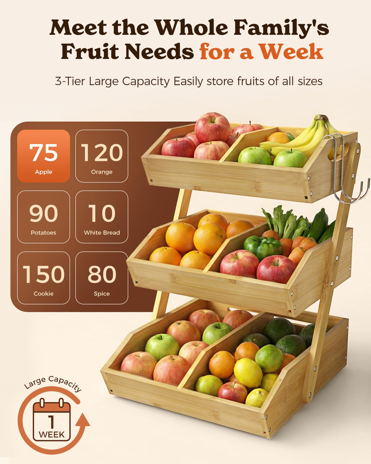 3-Tier Bamboo Fruit Basket with 2 Banana Holders Y9387