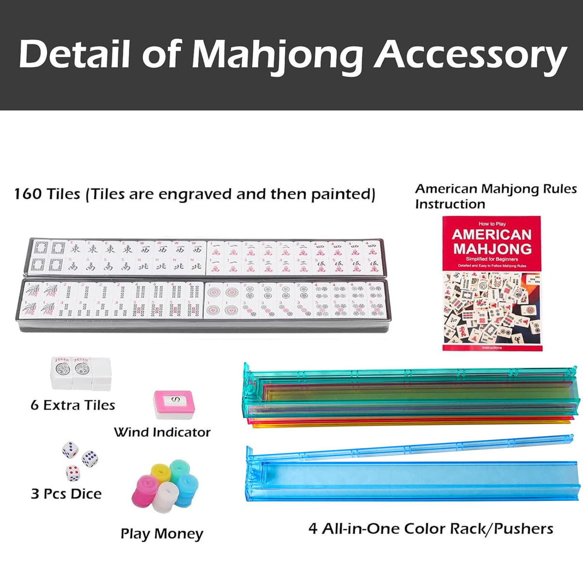 American Mahjong Game Set, 166 White Tiles, 4 Color Rack/Pushers, Blue Carrying Bag J569607