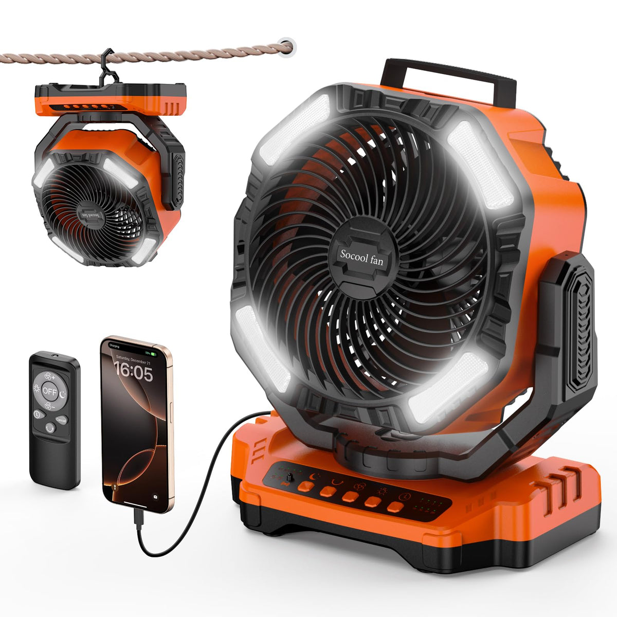 40000mAh Rechargeable Portable Camping Fan with Light & Timer A780988