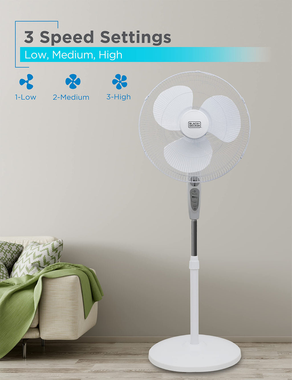 18-Inch Stand Fan with Remote and 3-Speed Settings, White S172