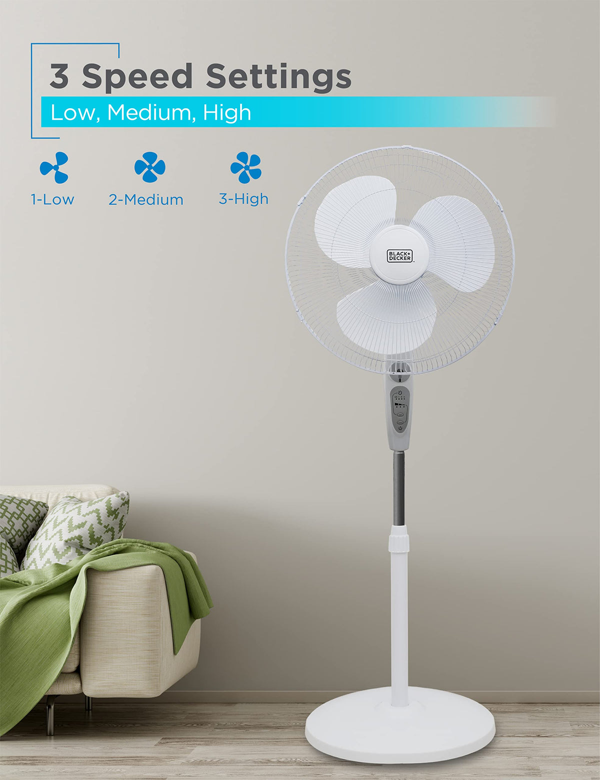 18-Inch Stand Fan with Remote and 3-Speed Settings, White S172
