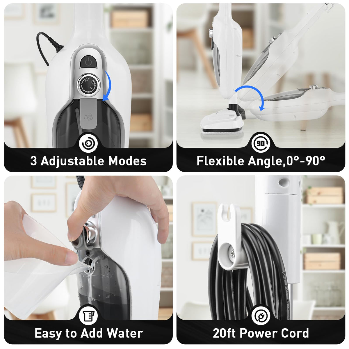 White 10-in-1 Detachable Steam Mop with 3 Microfiber Pads W59913