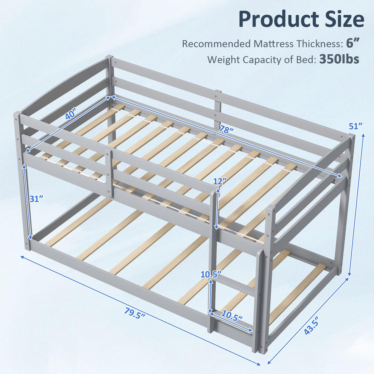 Twin Over Twin Solid Wood Low Bunk Bed with Ladder and Guardrails C84253