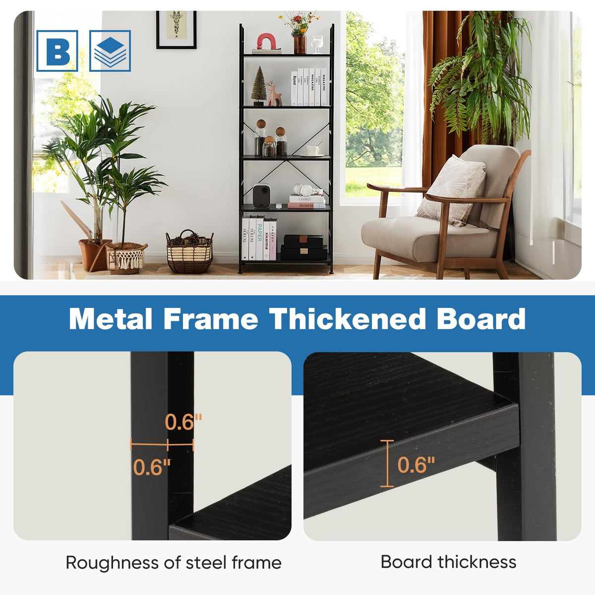 5 Tiers Freestanding Tall Bookshelf E4150