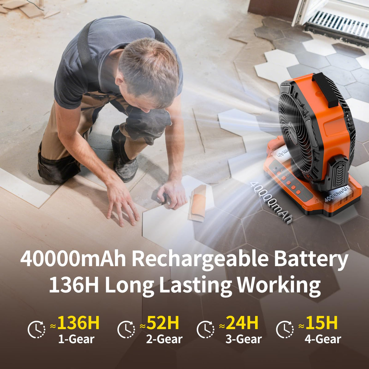 40000mAh Rechargeable Portable Camping Fan with Light & Timer A780988