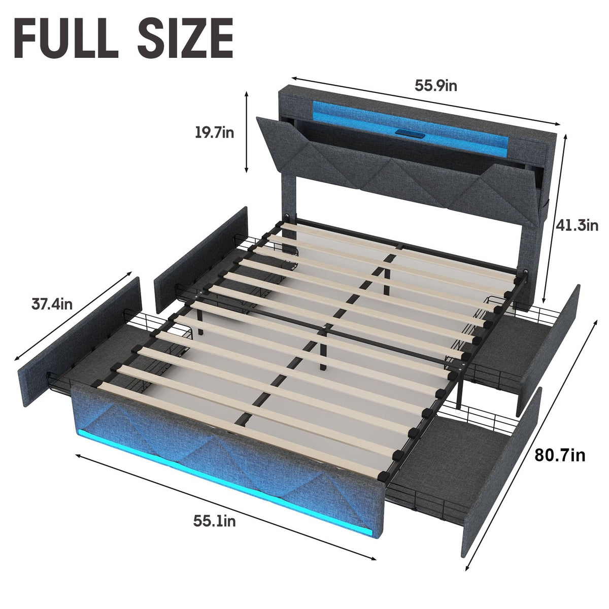 Full Size Upholstered Platform Bed Frame with Storage Headboard and 4 Drawers R819772
