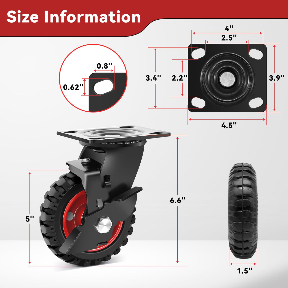 5 Inch Heavy Duty Solid Rubber Casters Set of 4 with Knobby Tread X24146