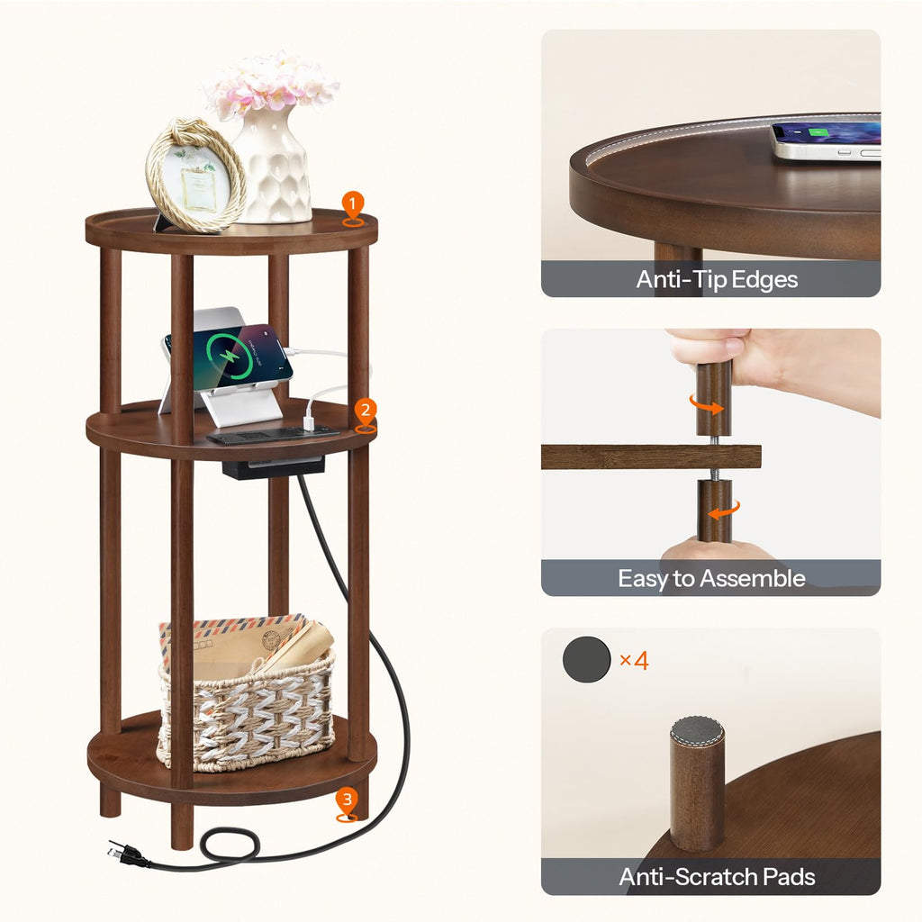 Set of 2 Round Bamboo Side Tables with Charging Station O320