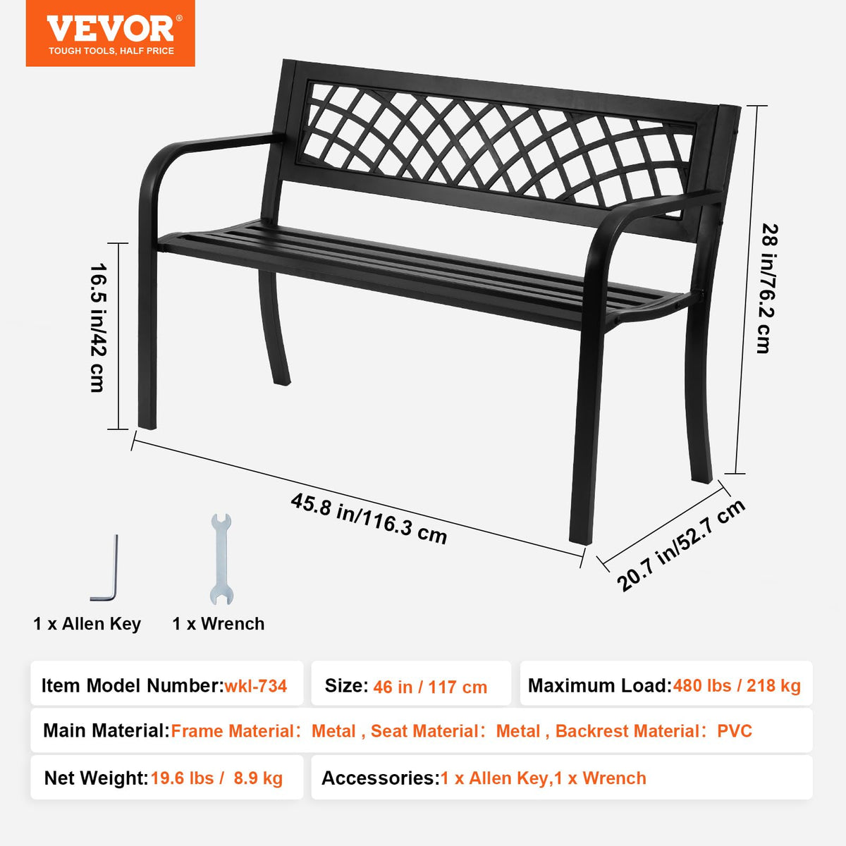 46" Iron Steel Frame Garden Bench with Mesh Pattern and Plastic Backrest J1518