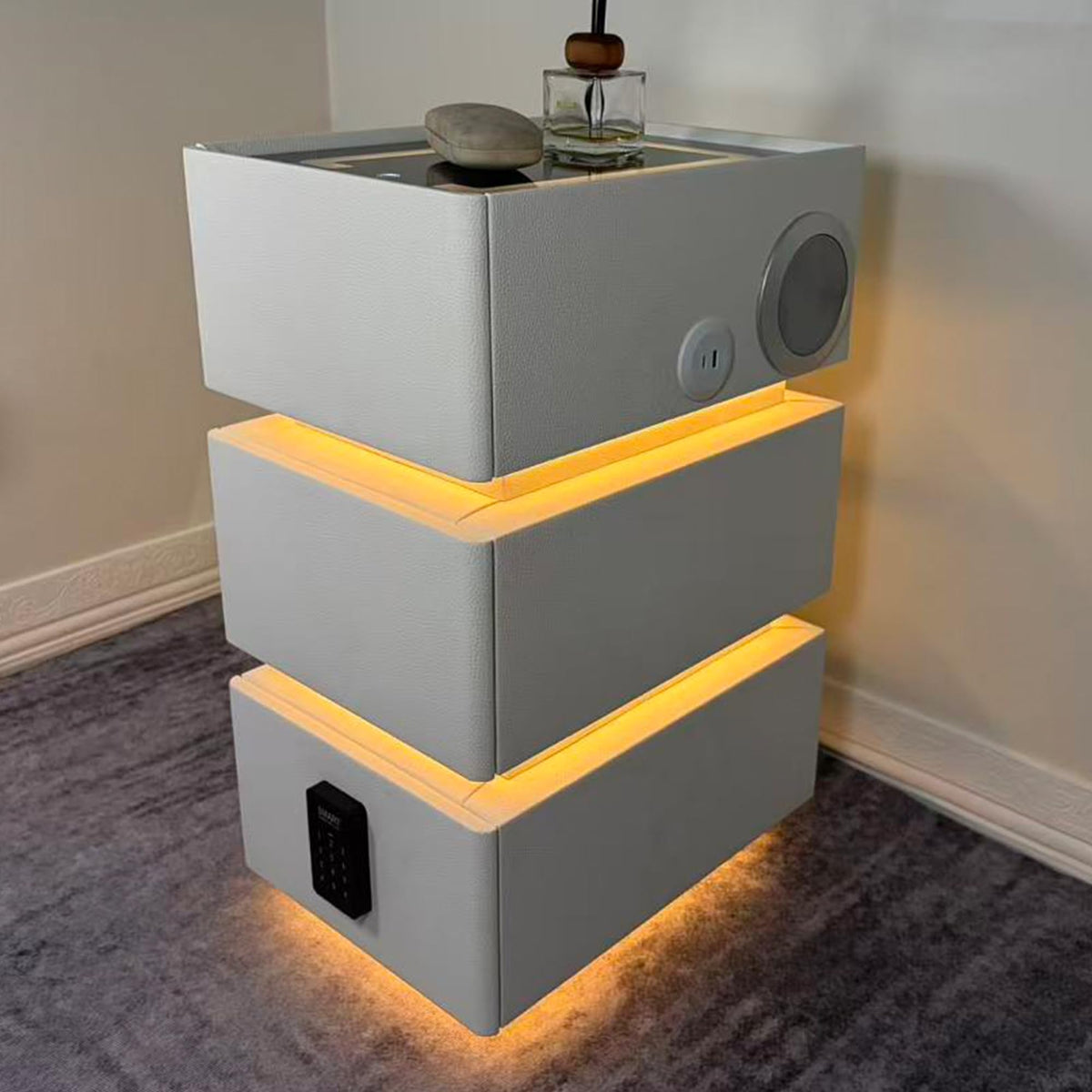 White 3 Drawer Faux Leather Nightstand with Charging Station T512