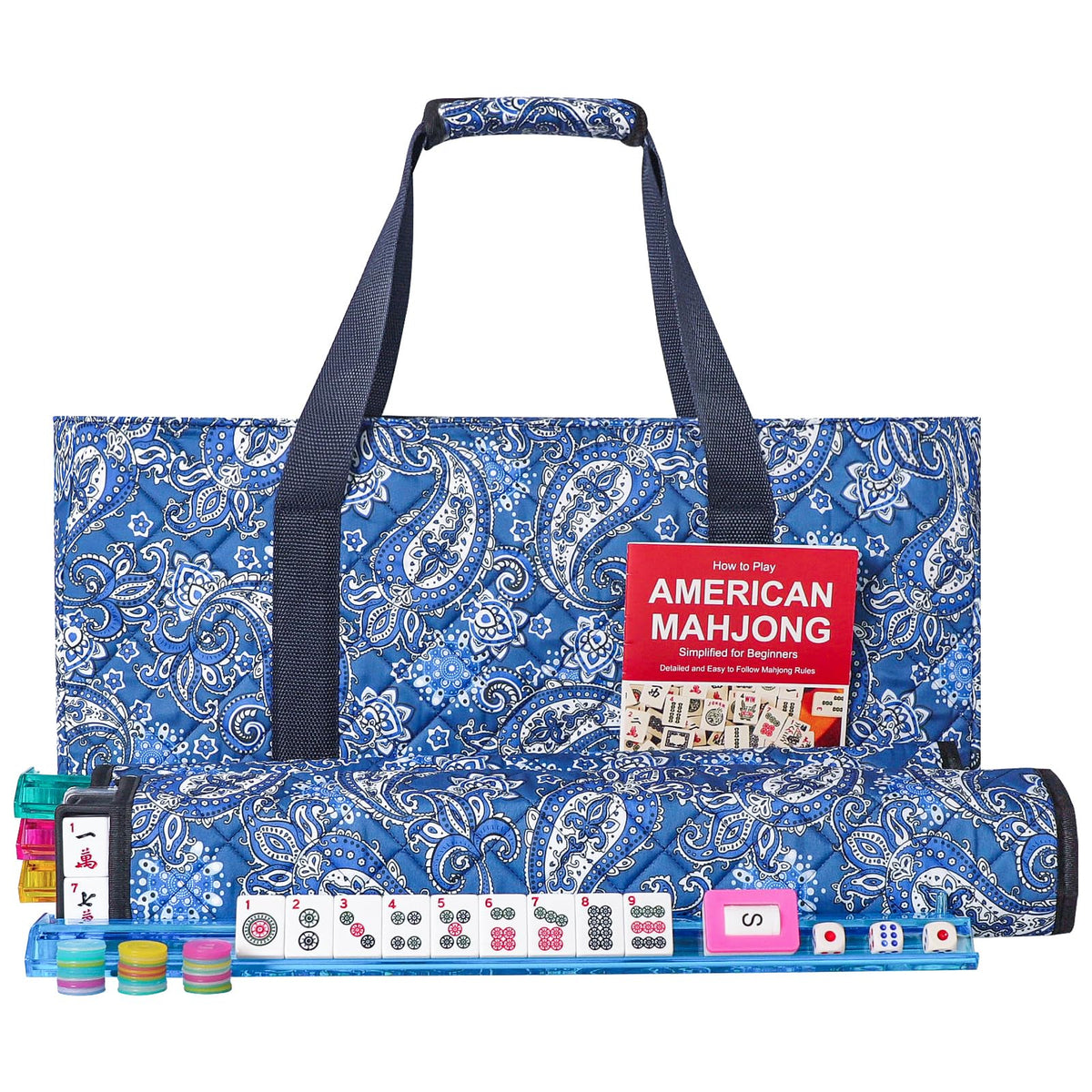 American Mahjong Game Set, 166 White Tiles, 4 Color Rack/Pushers, Blue Carrying Bag J569607