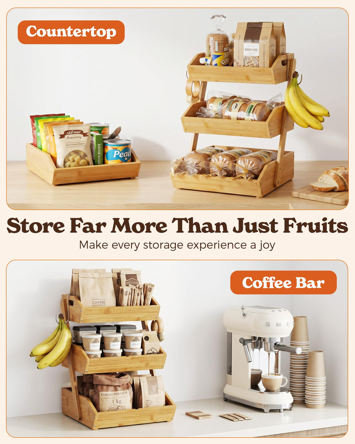 3-Tier Bamboo Fruit Basket with 2 Banana Holders Y9387