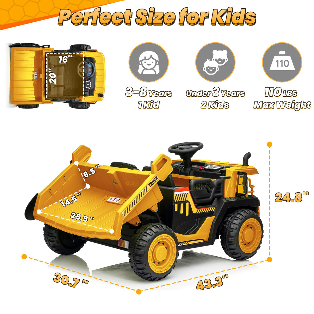 24V 2 Seater Ride on Dump Truck with 400W Motors, Yellow J7486