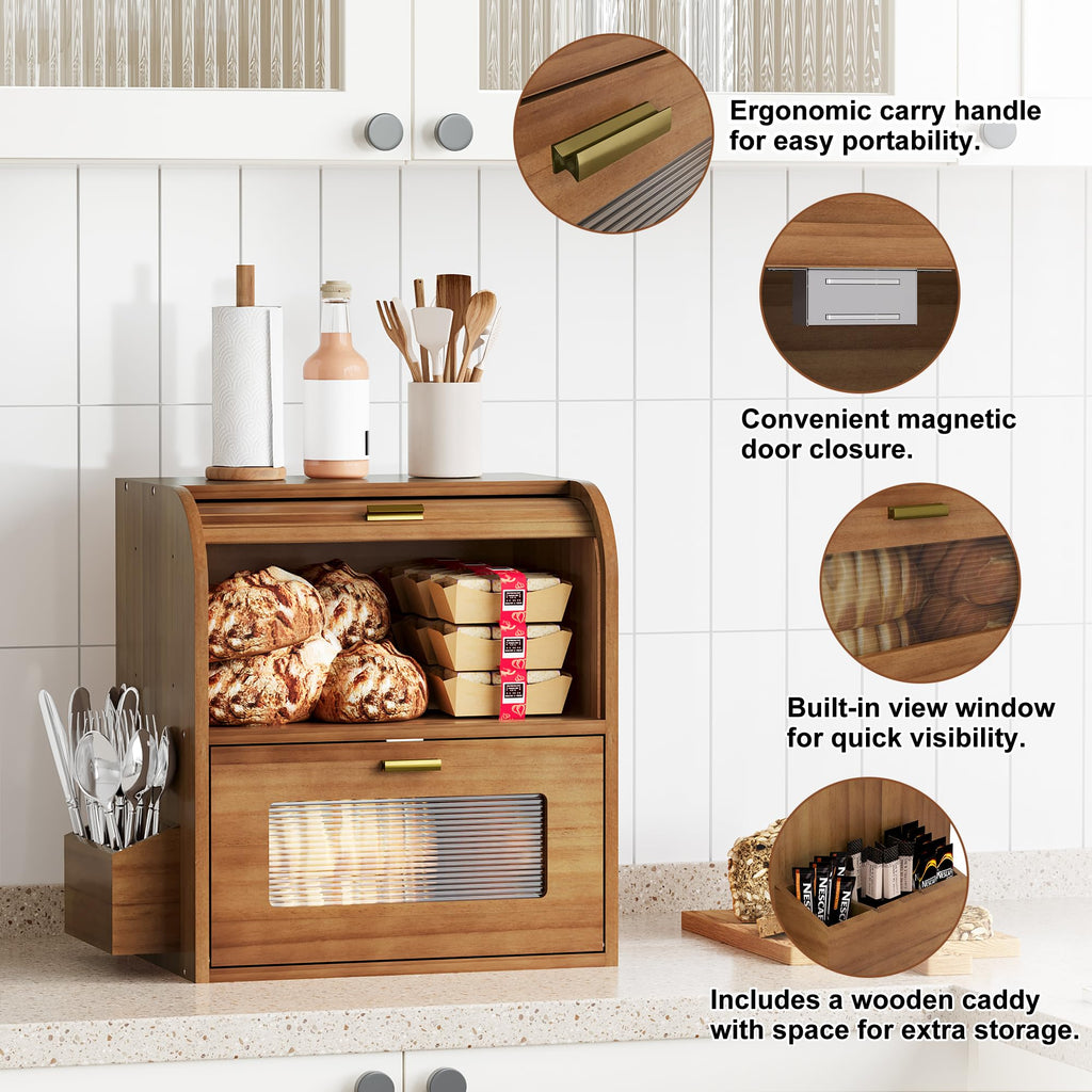 Roll Top Wooden Bread Box with Window R80610