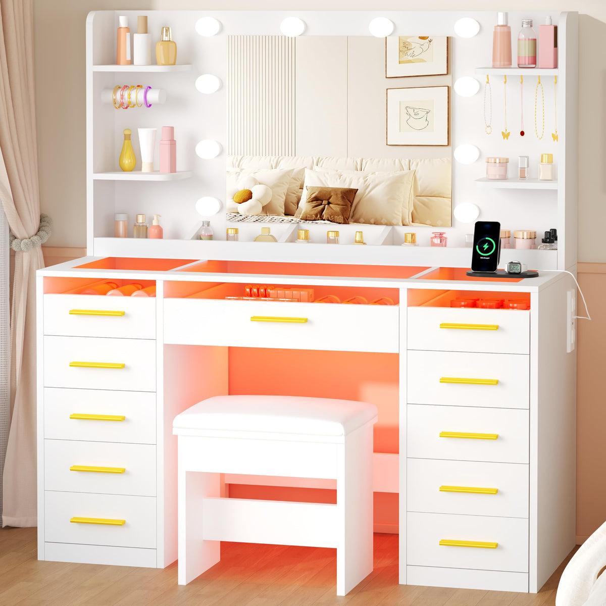 Large 11 Drawer Makeup Vanity with Mirror and Lights X407