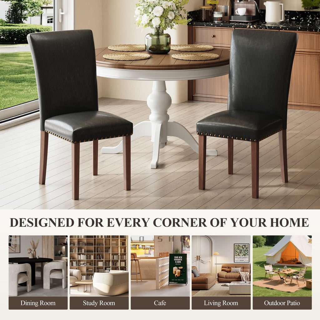 Black Leather Dining Chairs Set of 2 with Wood Legs S823801