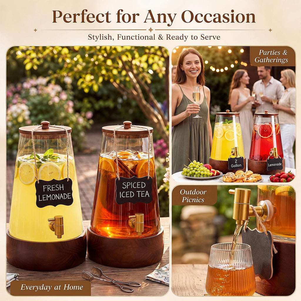 2 Sets 2 Gallon Glass Drink Dispenser with Wooden Base Stand X765