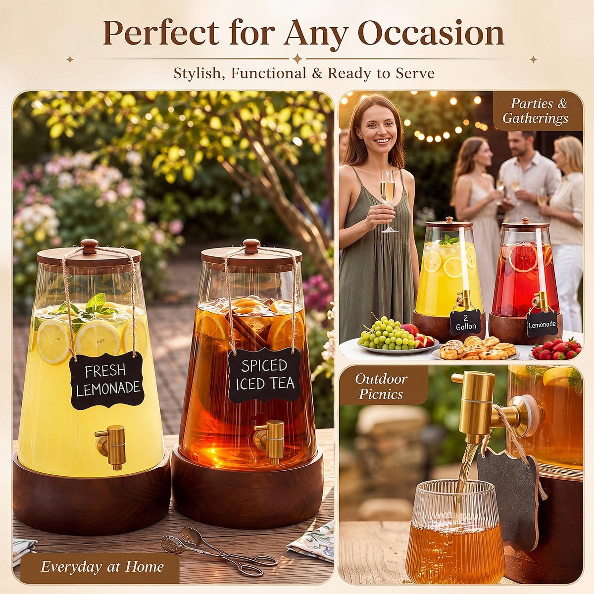 2 Sets 2 Gallon Glass Drink Dispenser with Wooden Base Stand X765