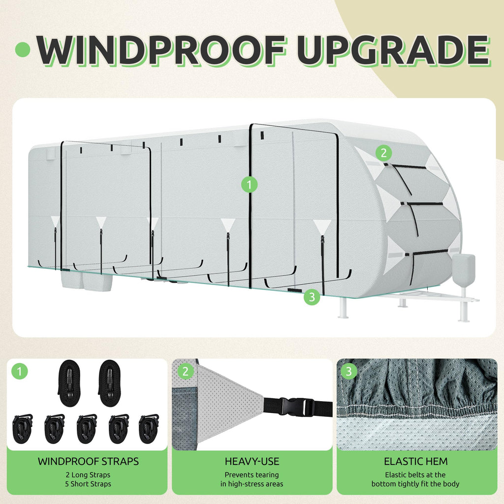 24-27FT Waterproof 7-Layer Camper Cover with Tongue Jack Cover, Tire Covers, Gutter Covers H5587