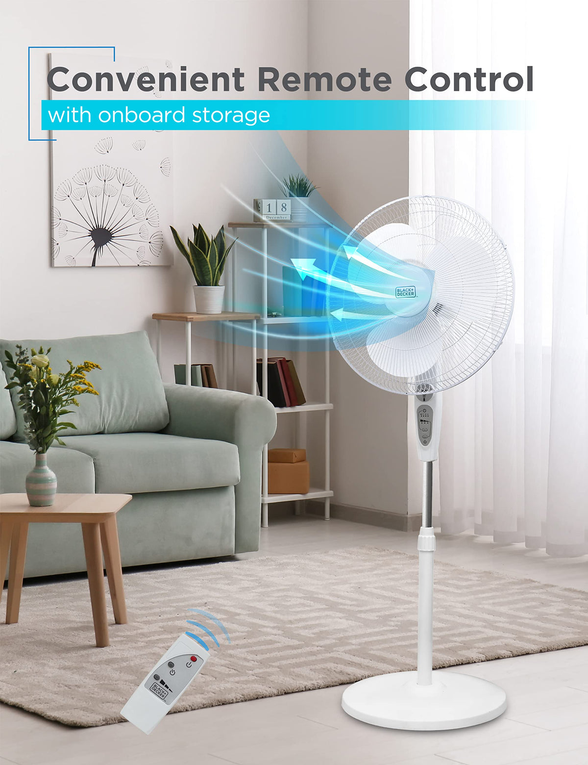18-Inch Stand Fan with Remote and 3-Speed Settings, White S172