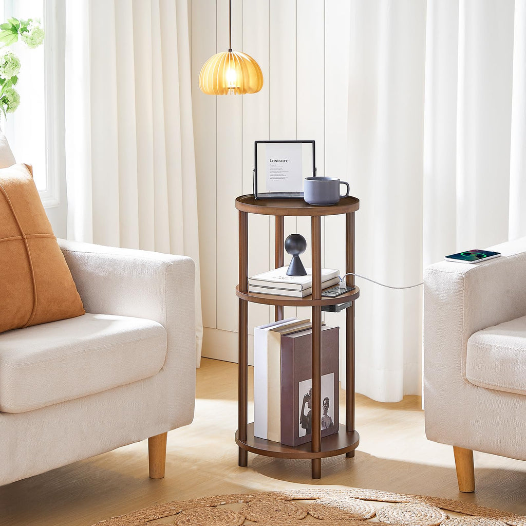 Set of 2 Round Bamboo Side Tables with Charging Station O320