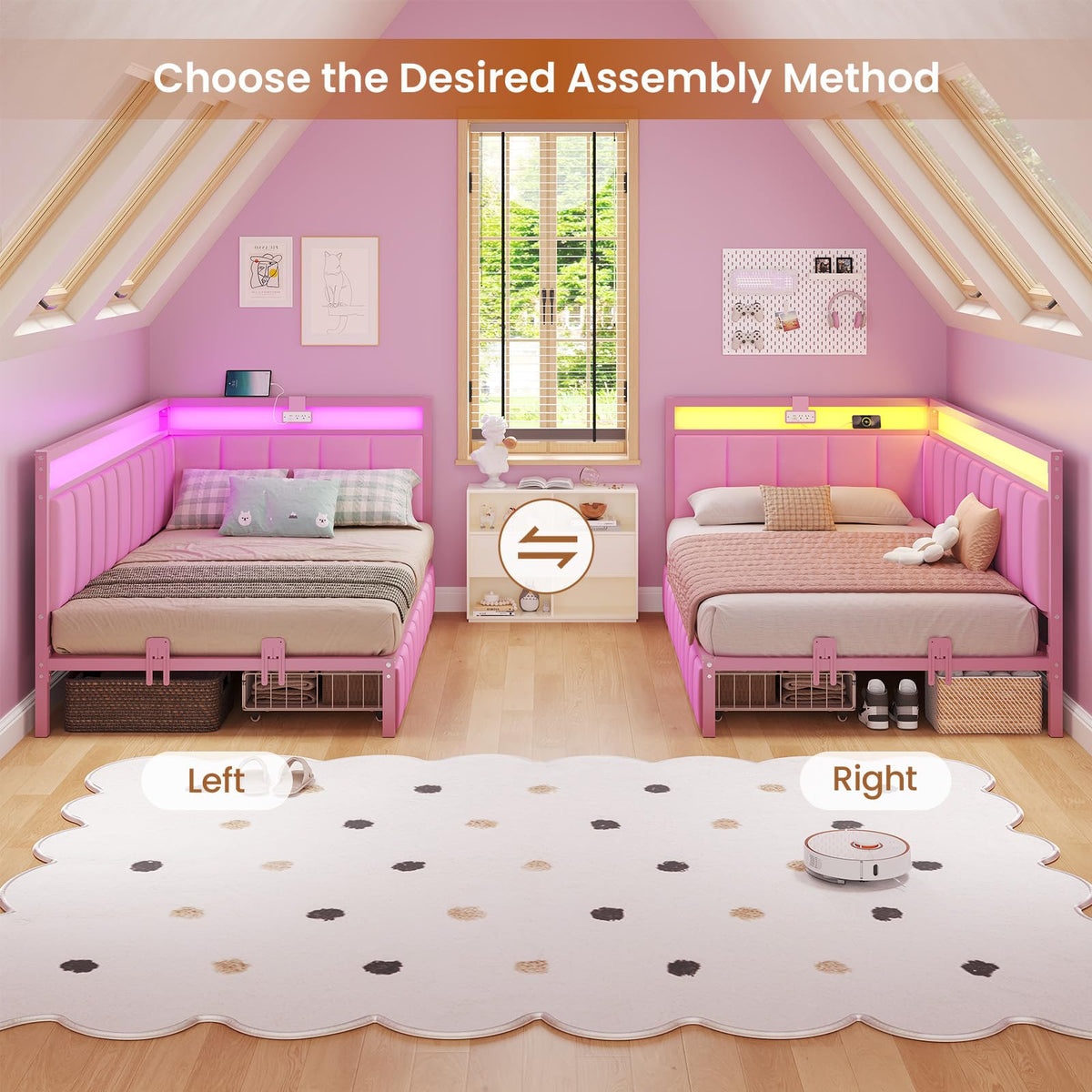 Pink Twin Size Corner Bed Frame with Storage Drawers A153