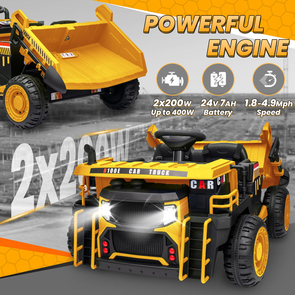 24V 2 Seater Ride on Dump Truck with 400W Motors, Yellow J7486