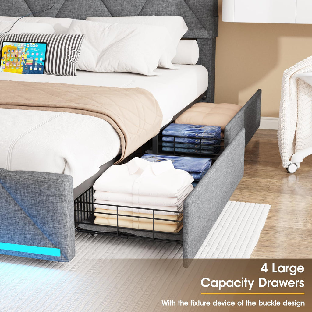 Full Size Upholstered Platform Bed Frame with Storage Headboard and 4 Drawers R819772