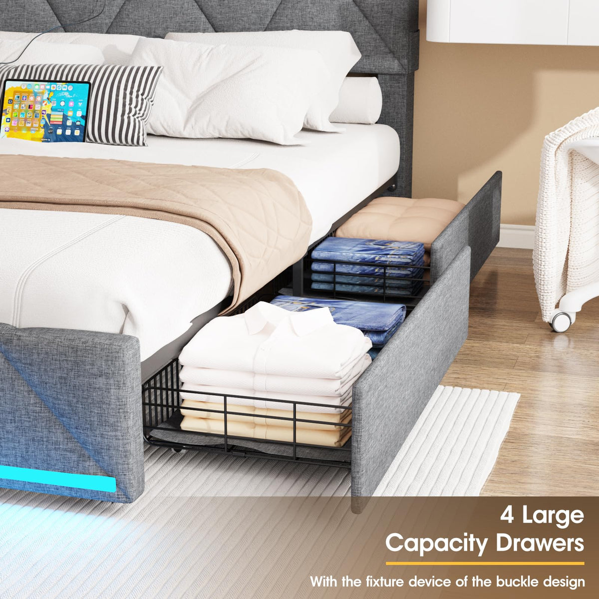 Full Size Upholstered Platform Bed Frame with Storage Headboard and 4 Drawers R819772