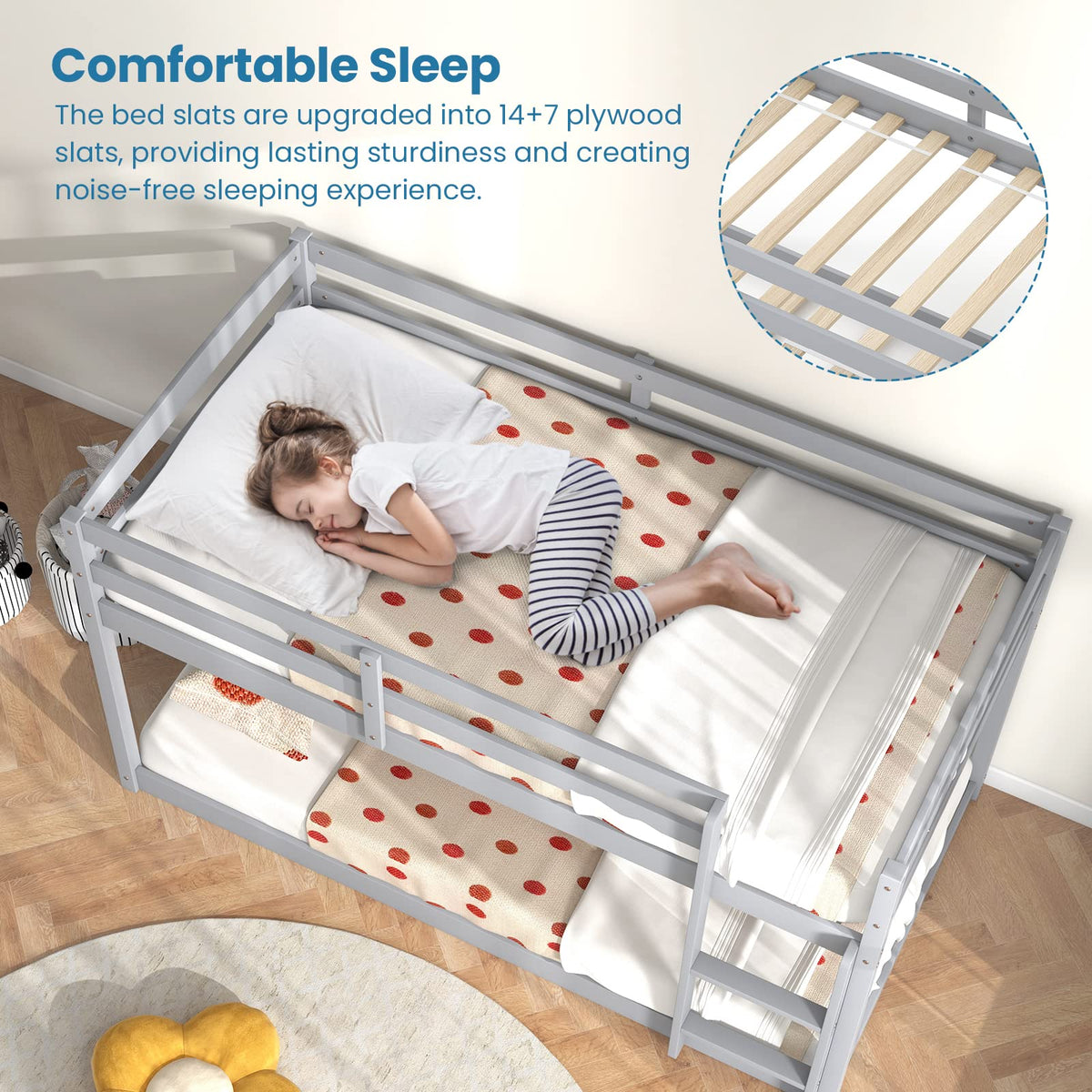 Twin Over Twin Solid Wood Low Bunk Bed with Ladder and Guardrails C84253