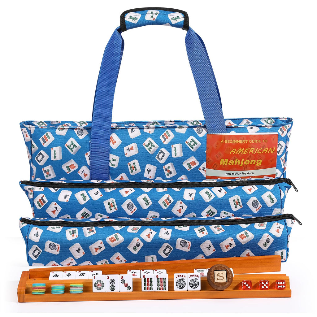 166 White Tiles Mahjong Game Set with Wooden Racks and Carrying Bag G604055