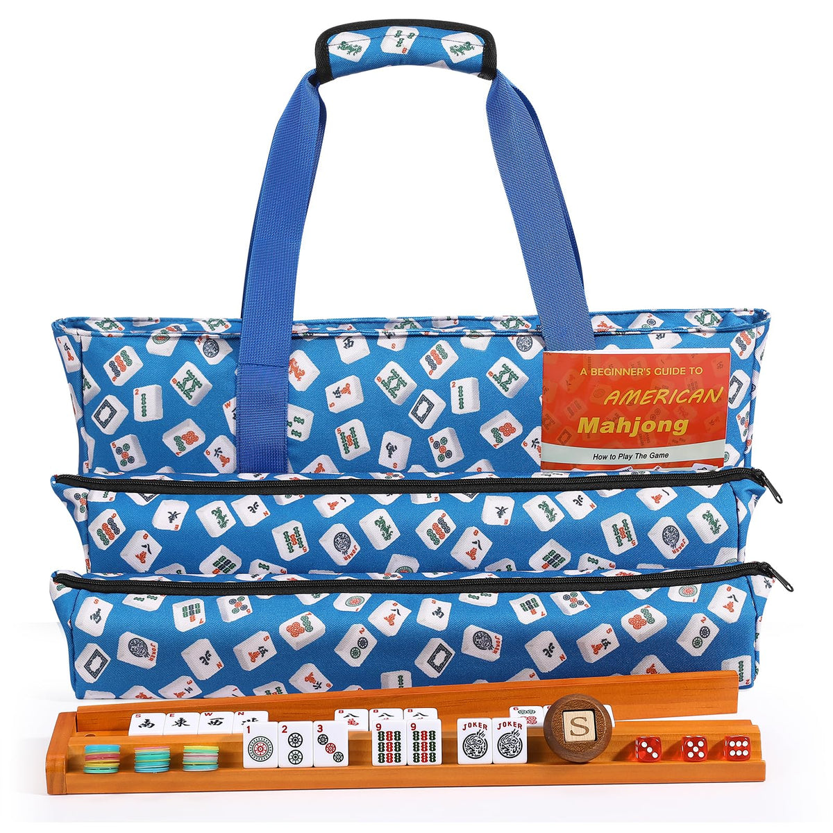 166 White Tiles Mahjong Game Set with Wooden Racks and Carrying Bag G604055