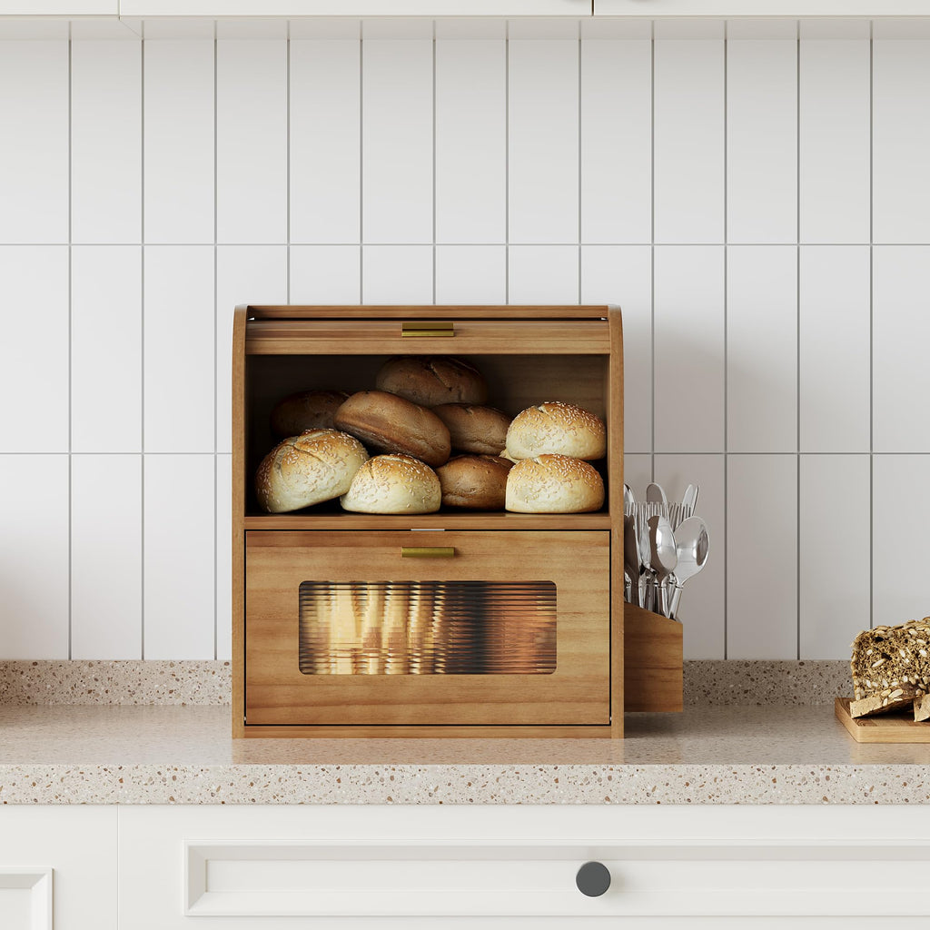 Roll Top Wooden Bread Box with Window R80610