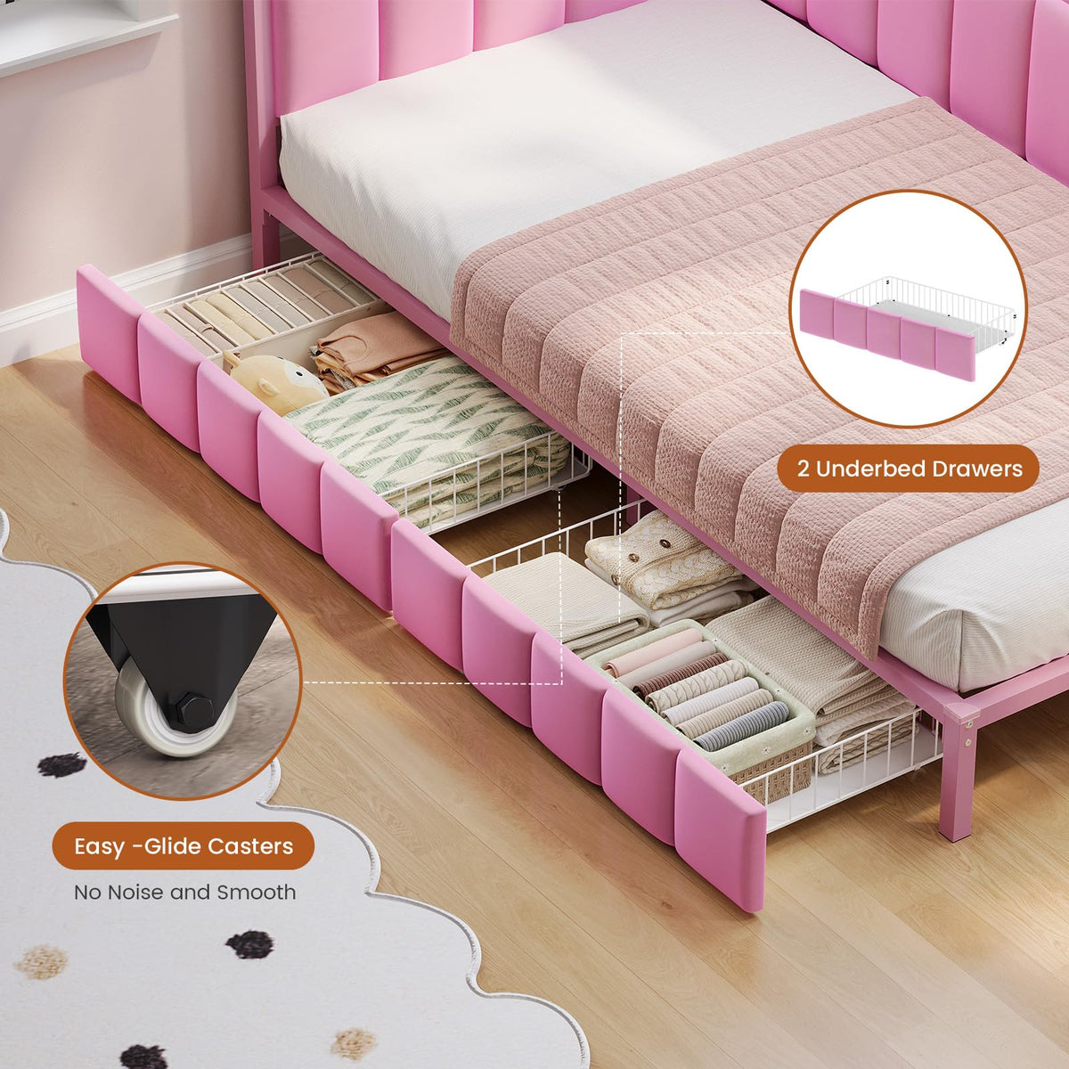 Pink Twin Size Corner Bed Frame with Storage Drawers A153