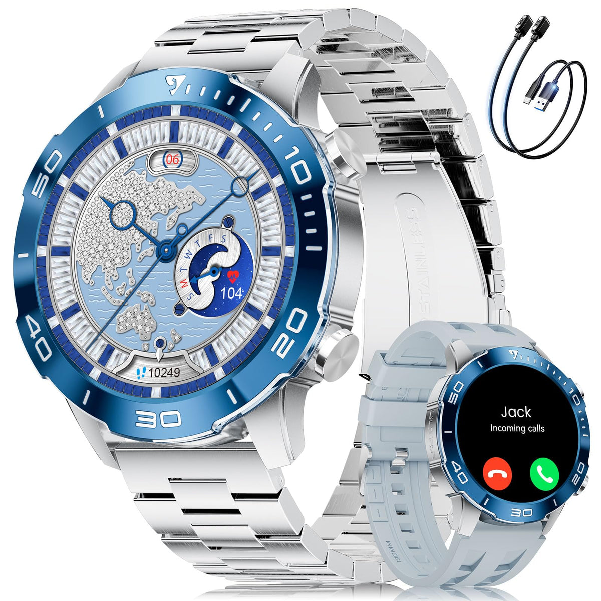 Smart Watch with Heart Rate SpO2 Sleep Monitor IP68 Waterproof Silver Blue 40mm A82494
