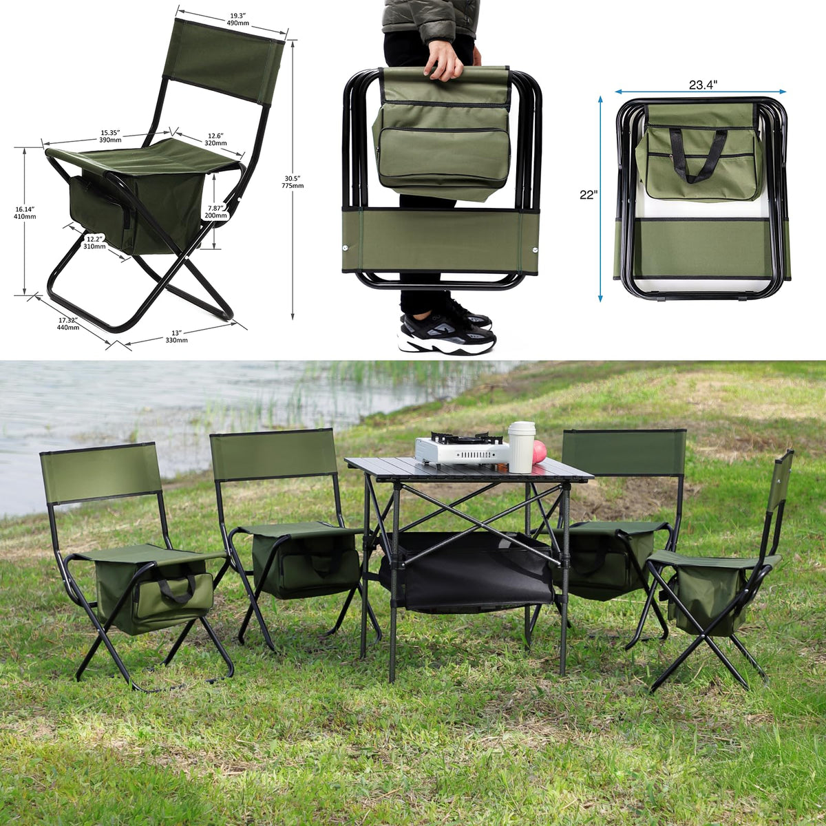 Folding Camping Chair with Storage Bag, 2 Pack, Green V186
