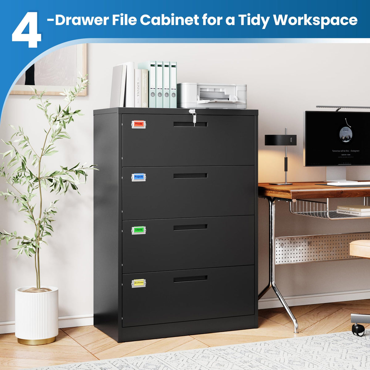 4 Drawer File Cabinet with Lock, Black X43265