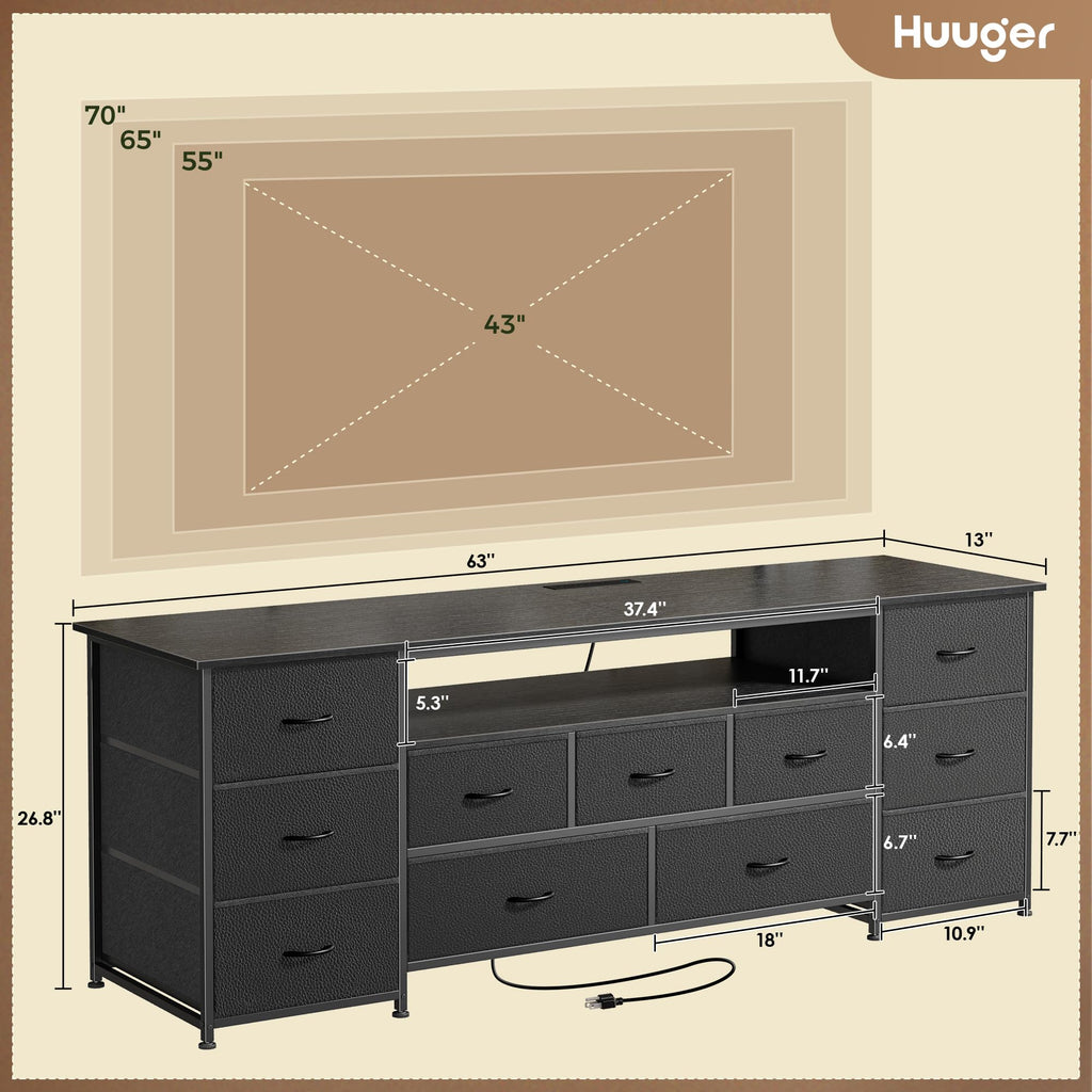 63 Inch 11 Drawer TV Stand with Power Outlets and LED Lights R952