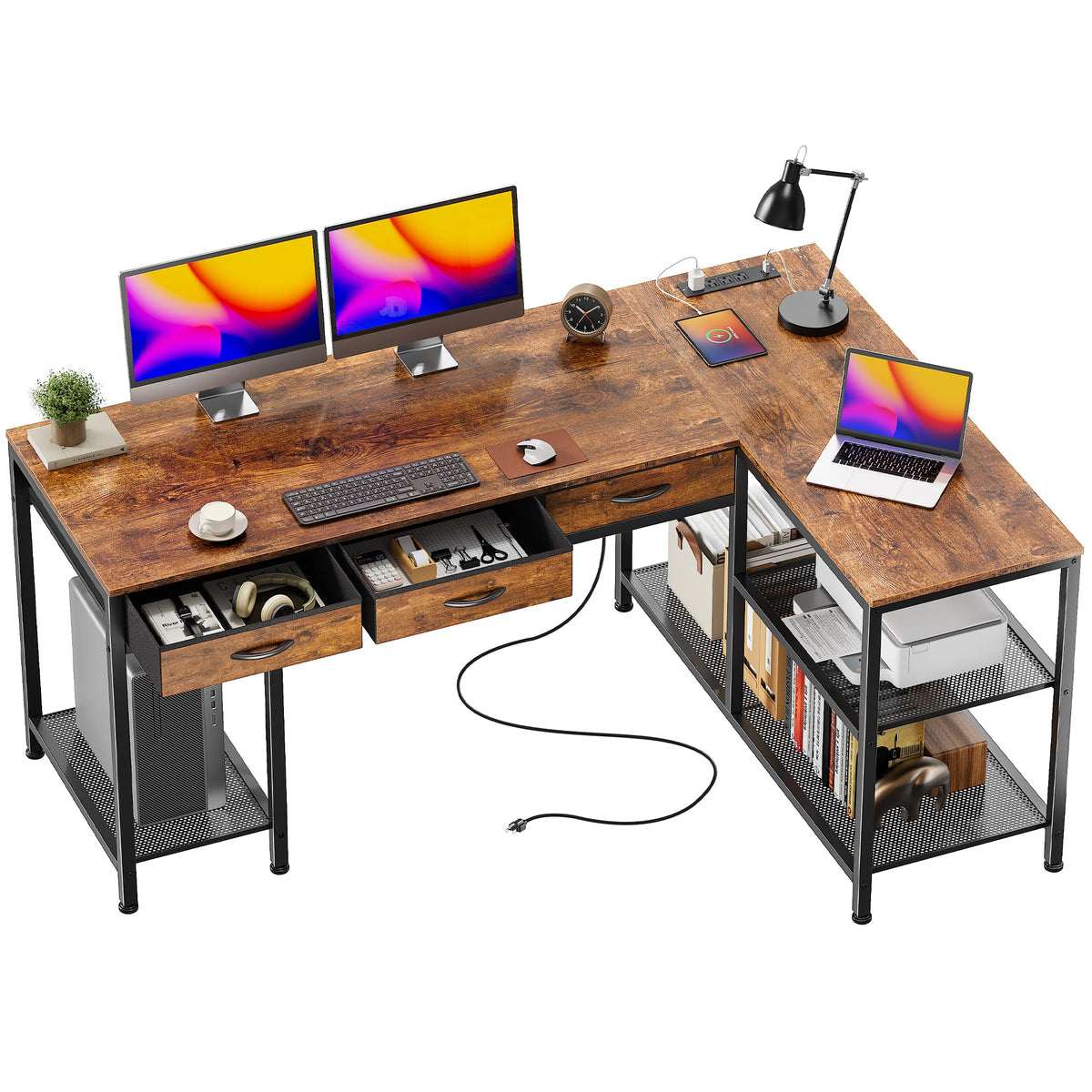 55 Inch L Shaped Office Desk with Power Outlets and Type-C Port E470