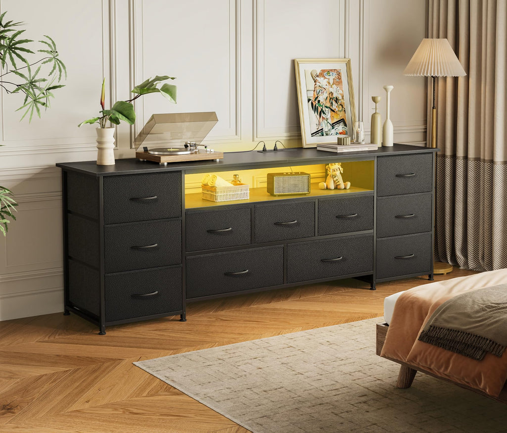 63 Inch 11 Drawer TV Stand with Power Outlets and LED Lights R952