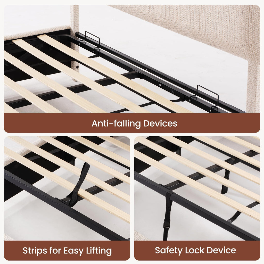 Queen Lift Up Storage Bed Frame with Adjustable Headboard, Beige P314