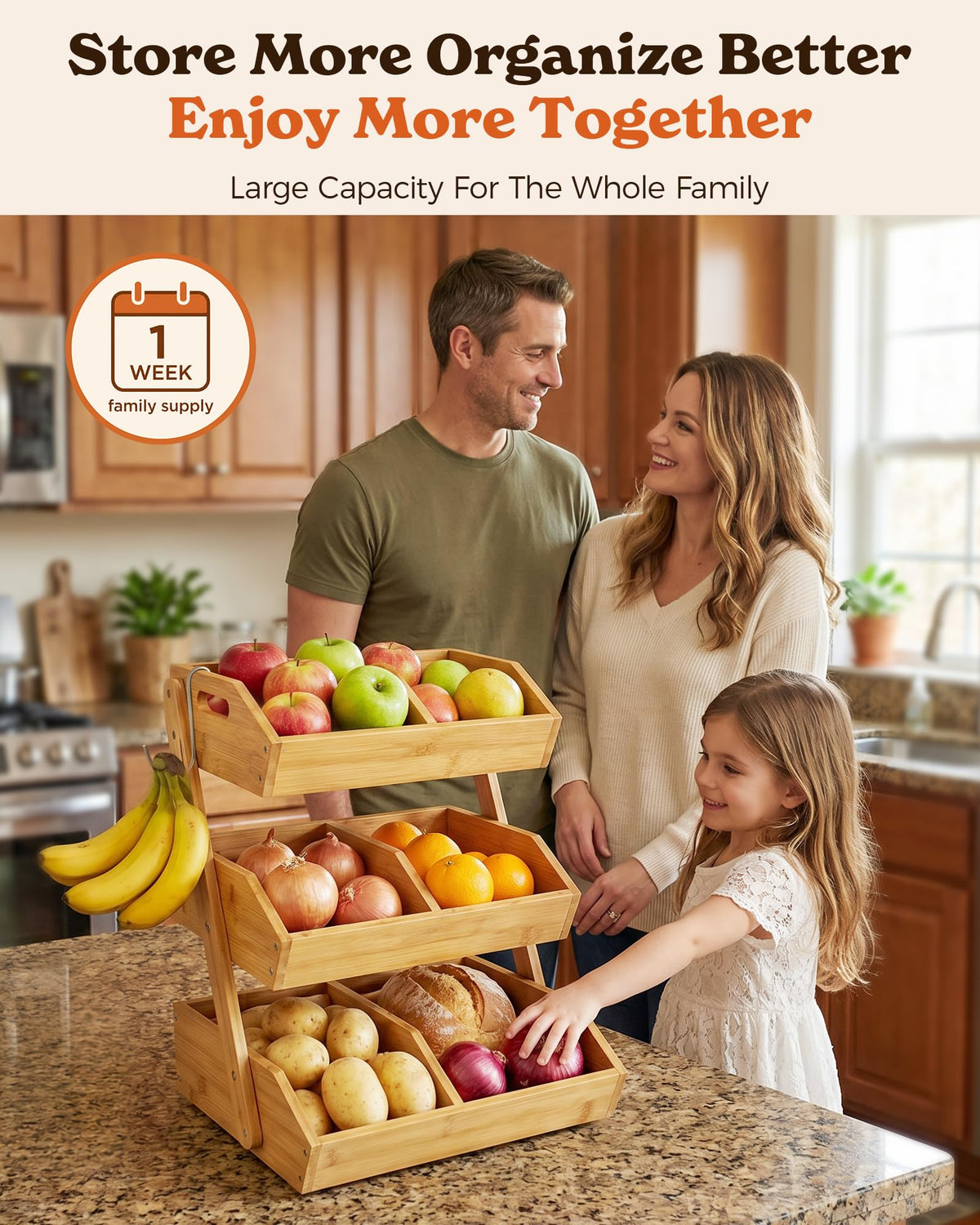 3-Tier Bamboo Fruit Basket with 2 Banana Holders Y9387