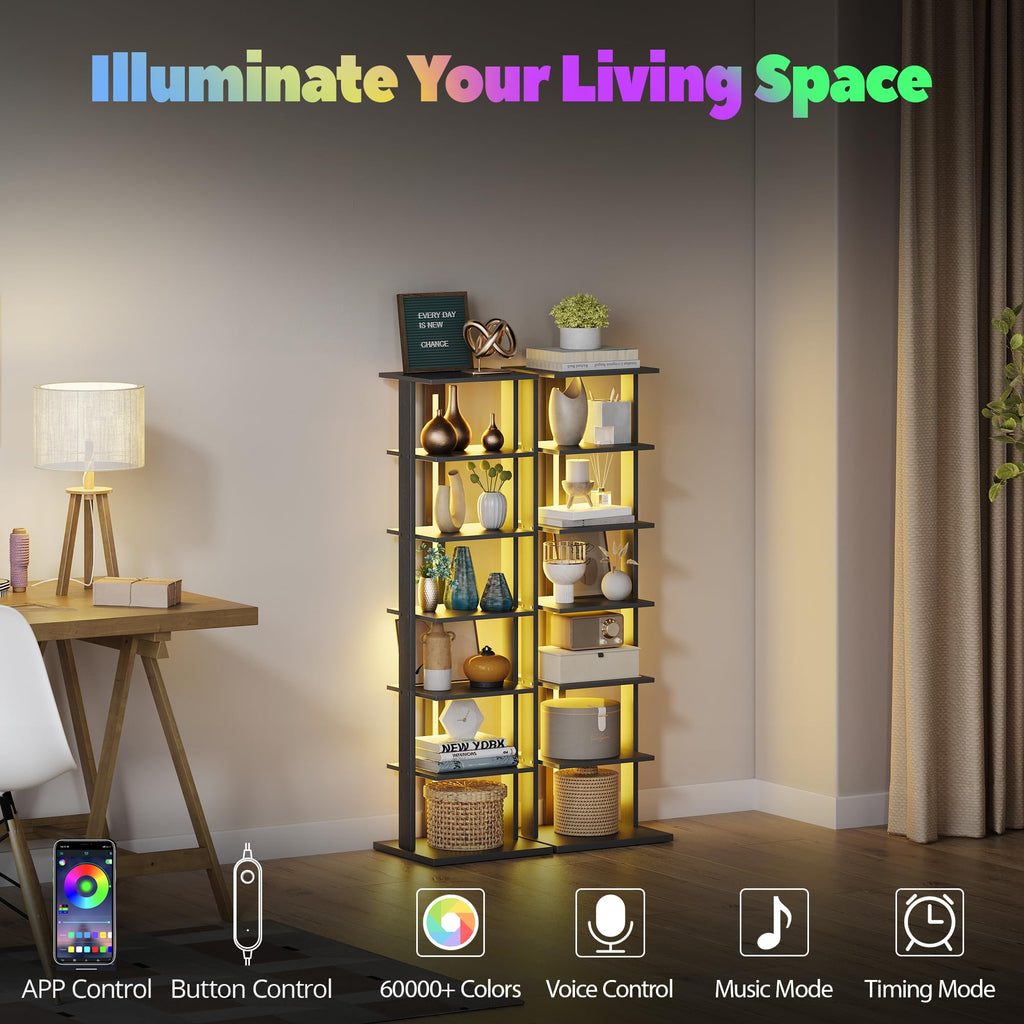 Black 7-Tier Narrow Bookshelf with LED Lights B707973