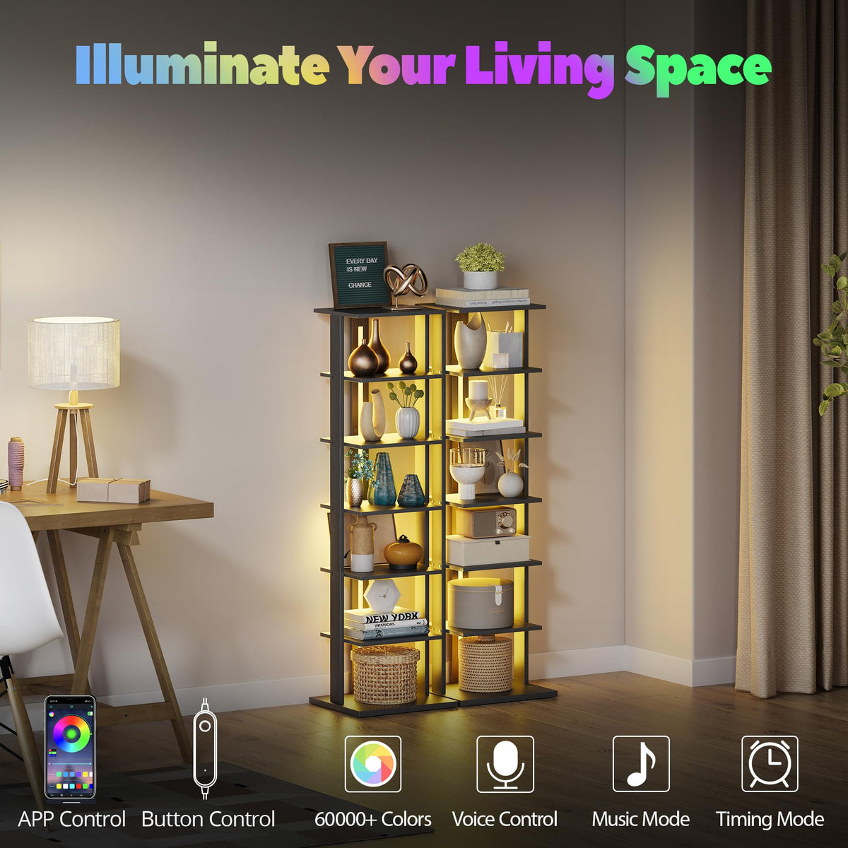 Black 7-Tier Narrow Bookshelf with LED Lights B707973