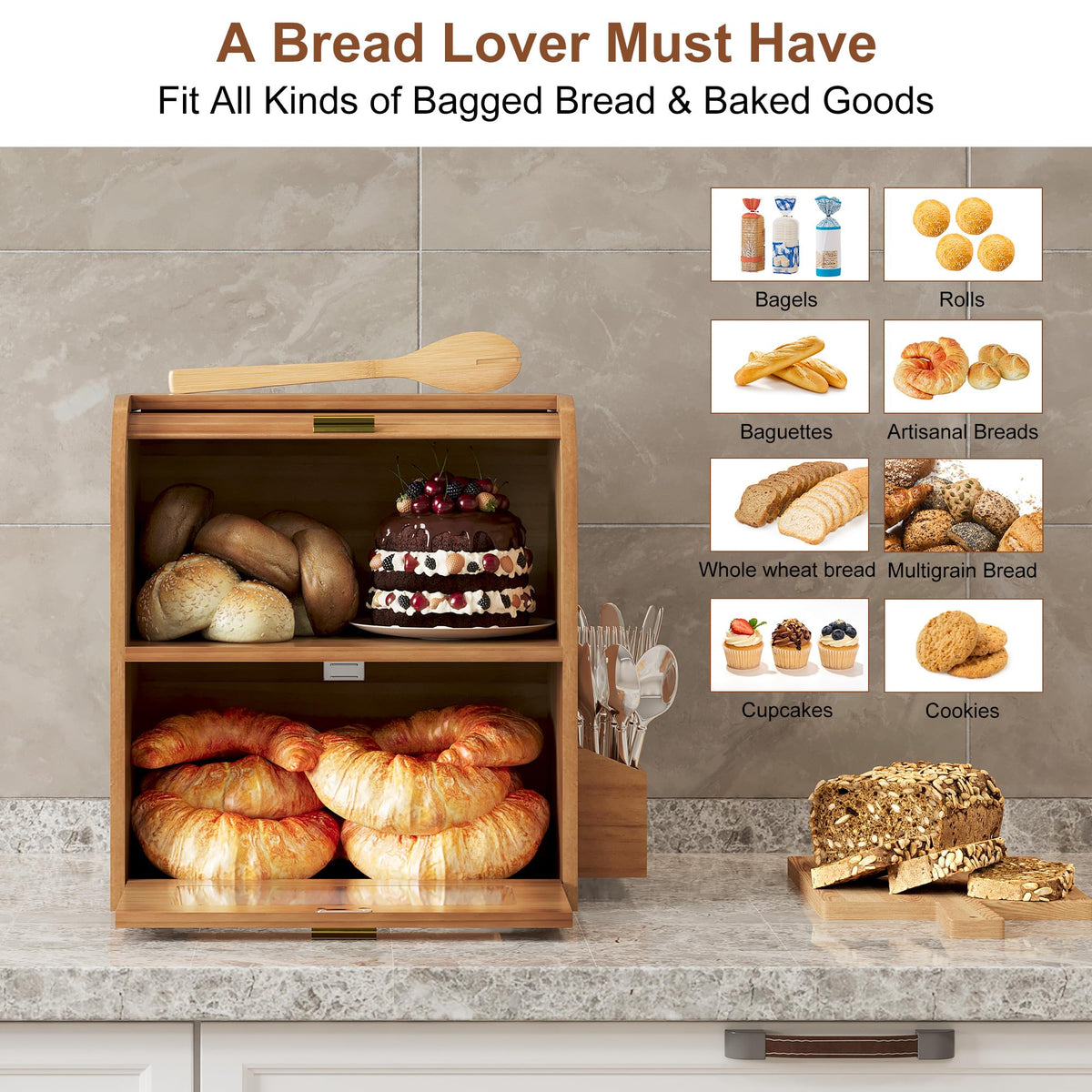 Roll Top Wooden Bread Box with Window R80610