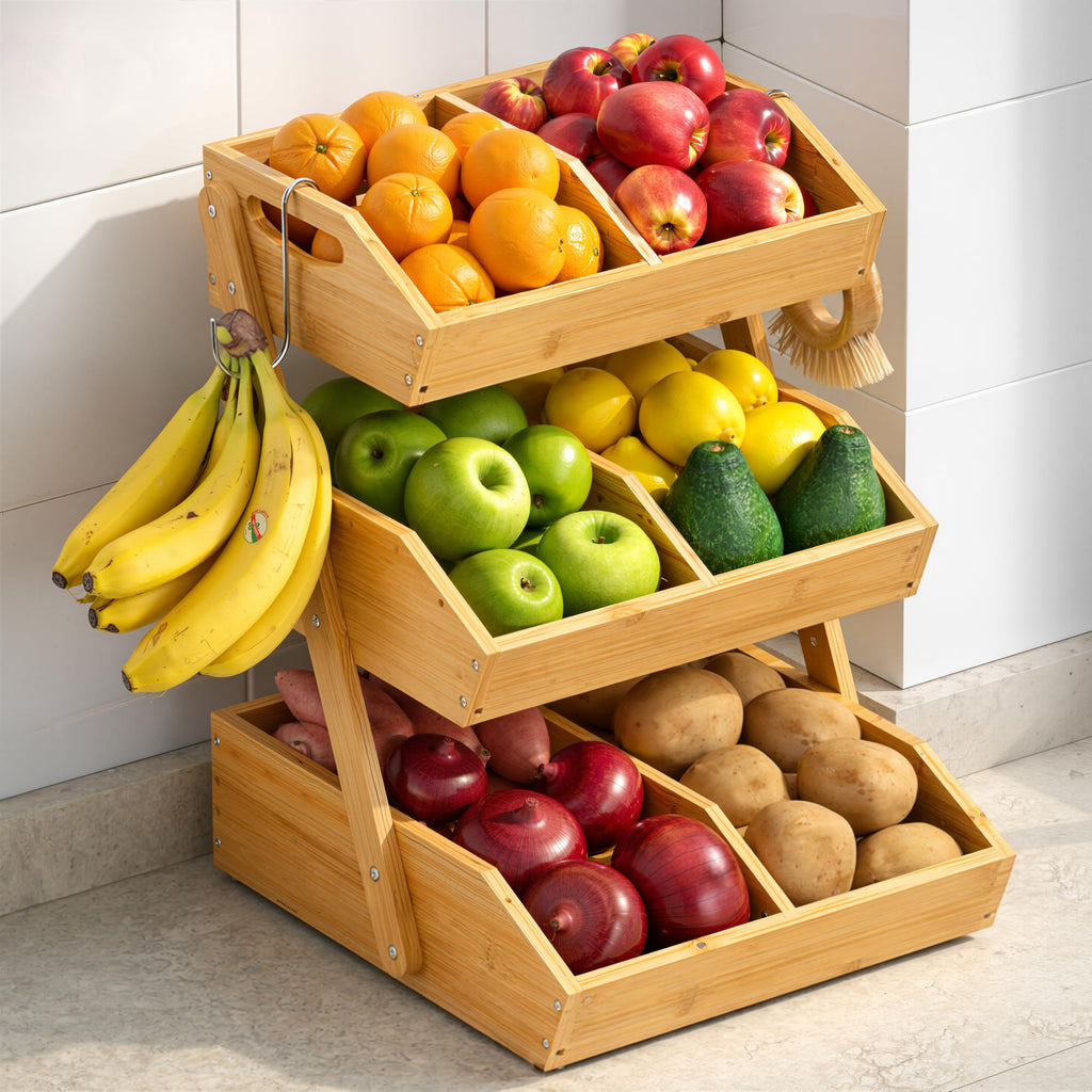 3-Tier Bamboo Fruit Basket with 2 Banana Holders Y9387