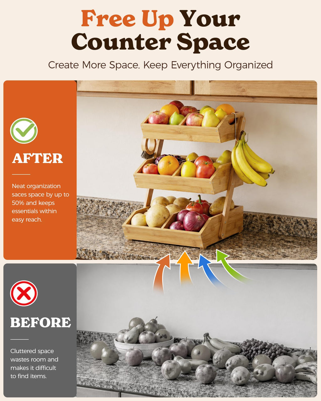 3-Tier Bamboo Fruit Basket with 2 Banana Holders Y9387